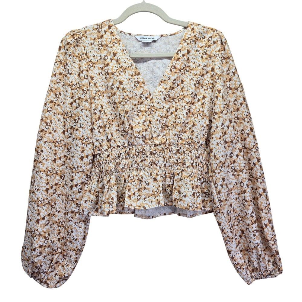 Urban Revivo Floral Smocked Peplum Top‎ Yellow Brown V-Neck Puff Sleeve US 8